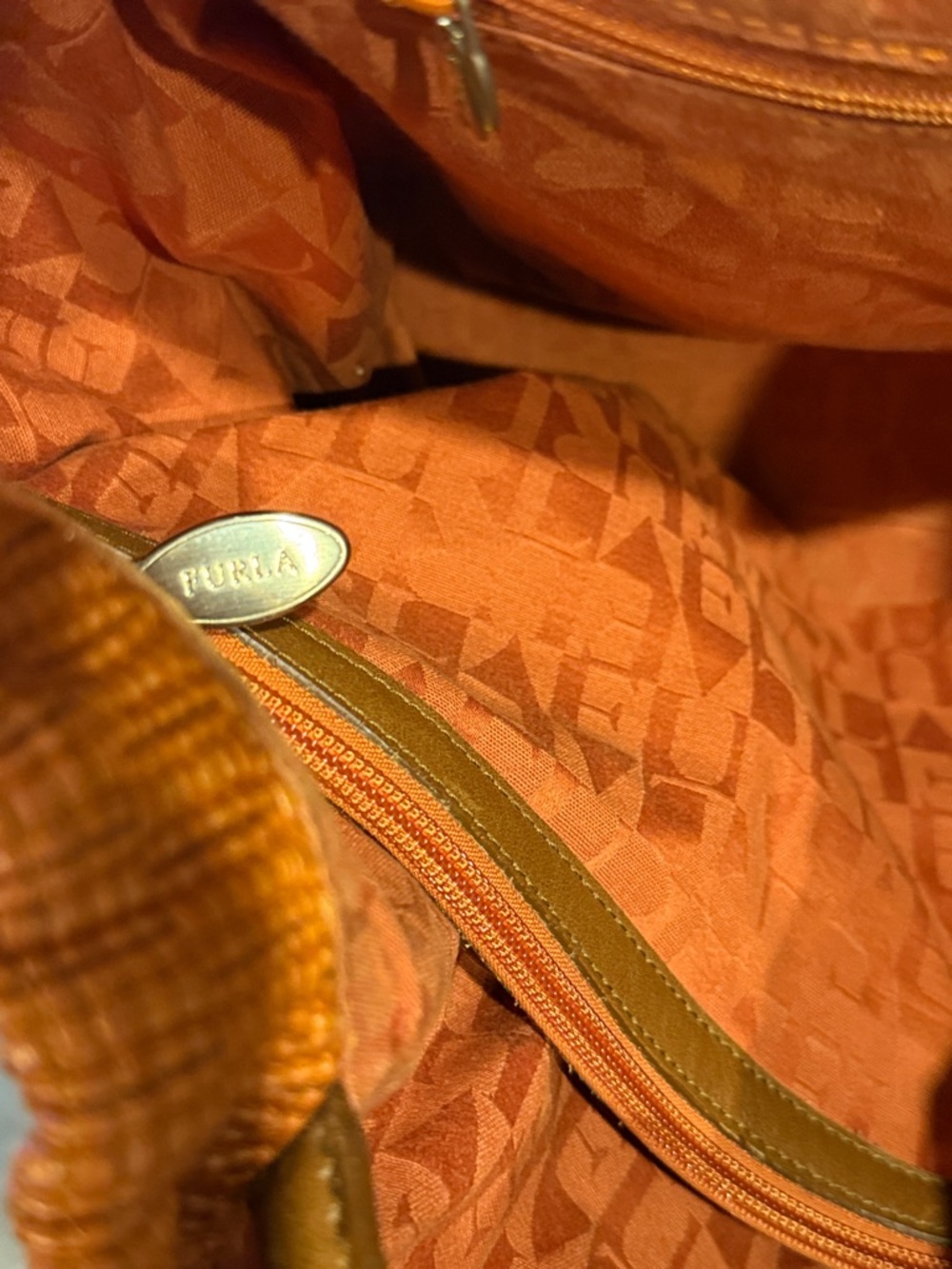 Furla Orange Textured Shoulder Tote with Tan Handles - Picture 6 of 8
